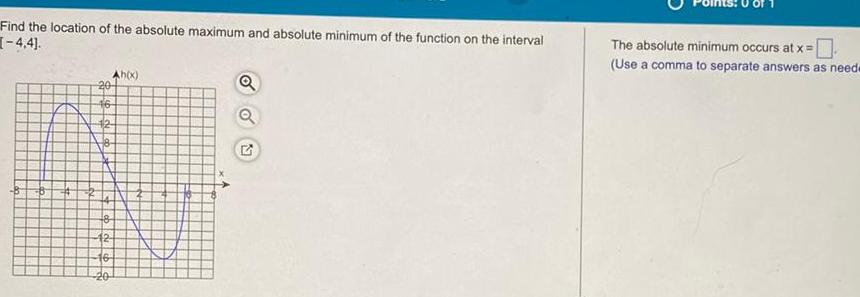 Find the location of the absolute maximum and absolute minimum of the function on the interval 4 4 B 6 Ah x 20 16 124 18 8 12 16 20 Q Q G The absolute minimum occurs at x Use a comma to separate answers as neede