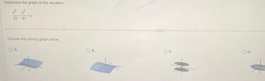 Determine the graph of the equation x y 25 81 Z Choose the correct graph below OA O B O C OD