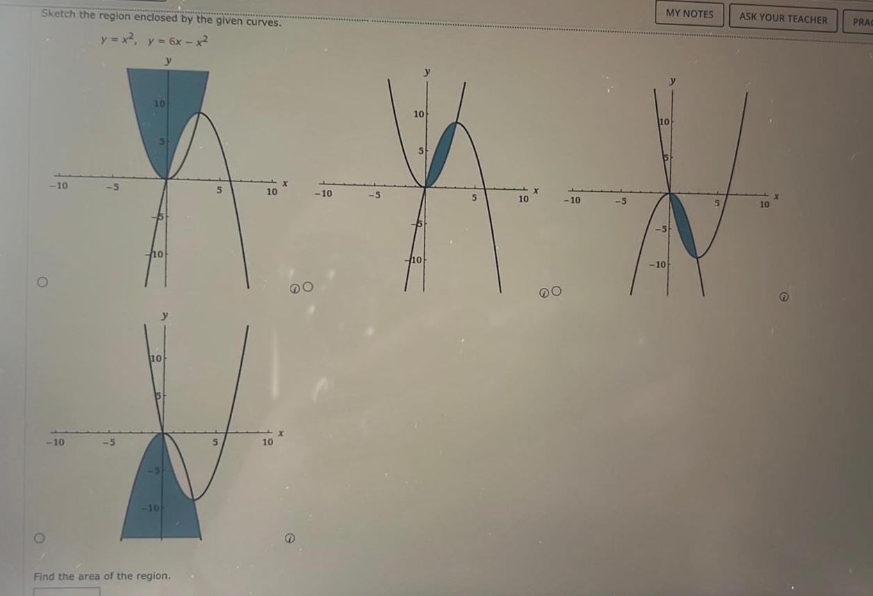 Sketch the region enclosed by the given curves y x y 6x x y 10 10 5 5 10 5 10 10 B 10 Find the area of the region 5 5 10 10 X X 10 5 10 S 10 5 10 DO 10 5 MY NOTES 10 5 10 ASK YOUR TEACHER 10 x PRAC