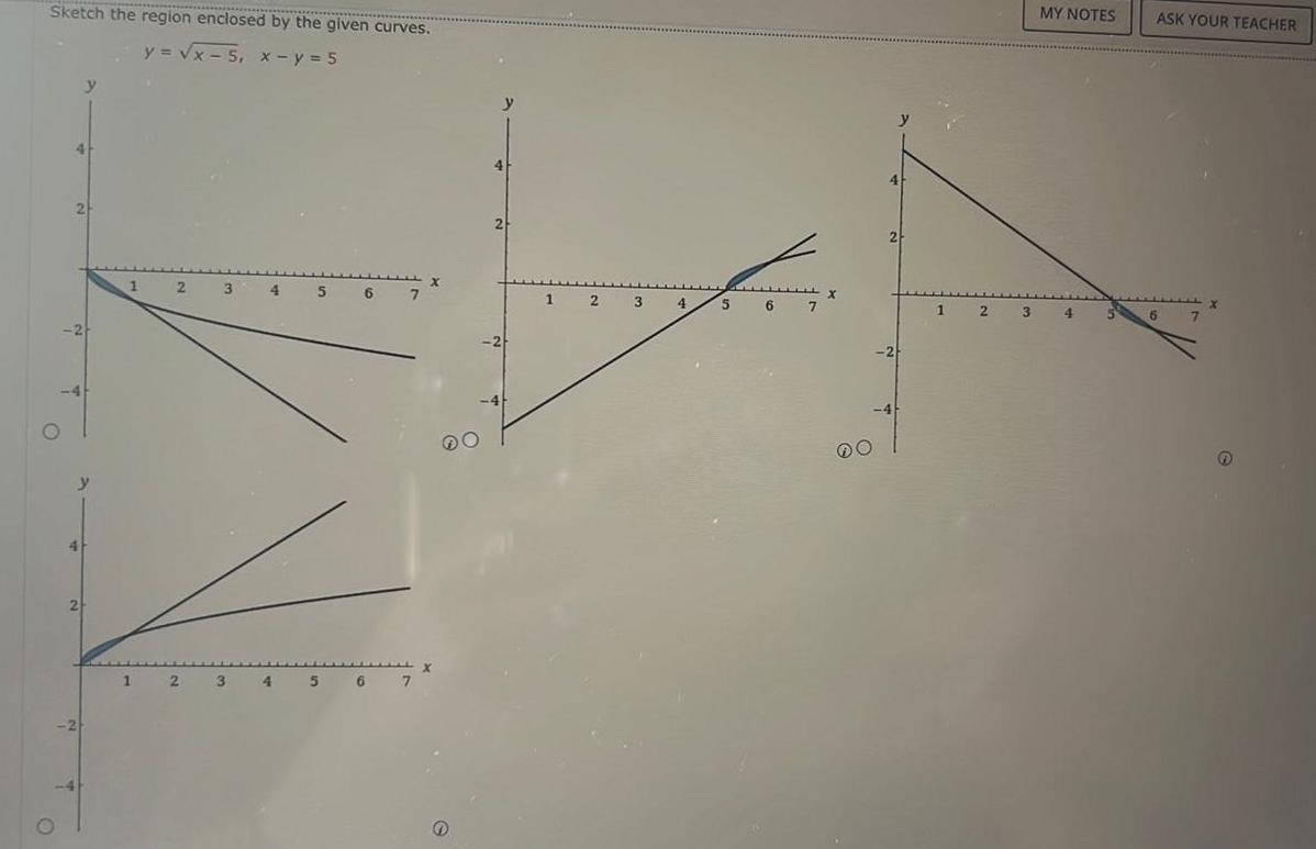 Sketch the region enclosed by the given curves y x 5 x y 5 4 2 2 y y 4 2 1 1 2 2 3 3 4 4 5 6 7 5 6 7 X y 4 2 1 2 3 4 7 O 1 2 3 MY NOTES 4 5 ASK YOUR TEACHER 6