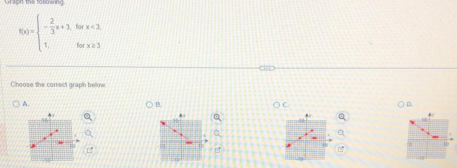 Graph the following f x 2 3x 3 for x 3 for x 23 Choose the correct graph below A Q OB Q Q OC 4 OD