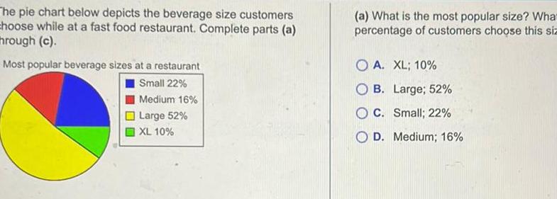 The pie chart below depicts the beverage size customers choose while at a fast food restaurant Complete parts a through c Most popular beverage sizes at a restaurant Small 22 Medium 16 Large 52 XL 10 a What is the most popular size What percentage of customers choose this siz O A XL 10 OB Large 52 C Small 22 OD Medium 16