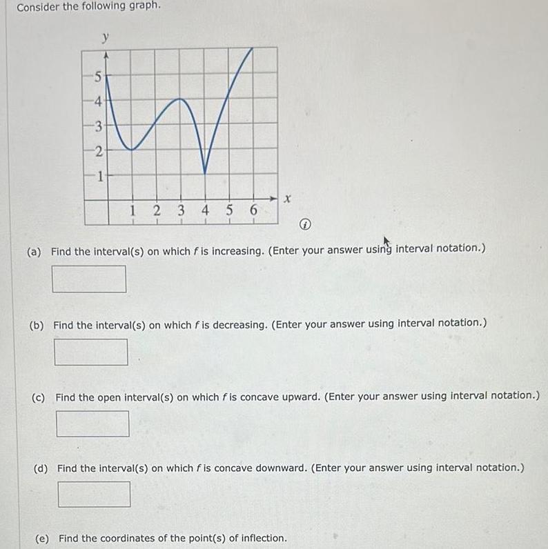 Consider the following graph y 5 4 3 2 1 1 2 3 4 5 6 X a Find the interval s on which f is increasing Enter your answer using interval notation b Find the interval s on which fis decreasing Enter your answer using interval notation c Find the open interval s on which fis concave upward Enter your answer using interval notation d Find the interval s on which fis concave downward Enter your answer using interval notation e Find the coordinates of the point s of inflection