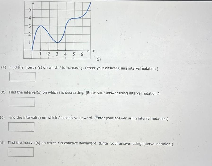 5 4 3 2 1 12 3 4 5 6 x a Find the interval s on which f is increasing Enter your answer using interval notation b Find the interval s on which f is decreasing Enter your answer using interval notation c Find the interval s on which fis concave upward Enter your answer using interval notation d Find the interval s on which fis concave downward Enter your answer using interval notation