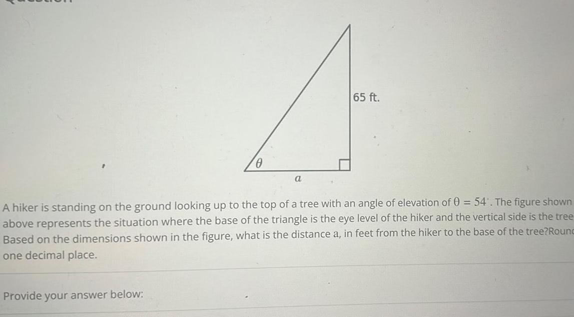 0 Provide your answer below 65 ft A hiker is standing on the ground looking up to the top of a tree with an angle of elevation of 0 54 The figure shown above represents the situation where the base of the triangle is the eye level of the hiker and the vertical side is the tree Based on the dimensions shown in the figure what is the distance a in feet from the hiker to the base of the tree Rounc one decimal place