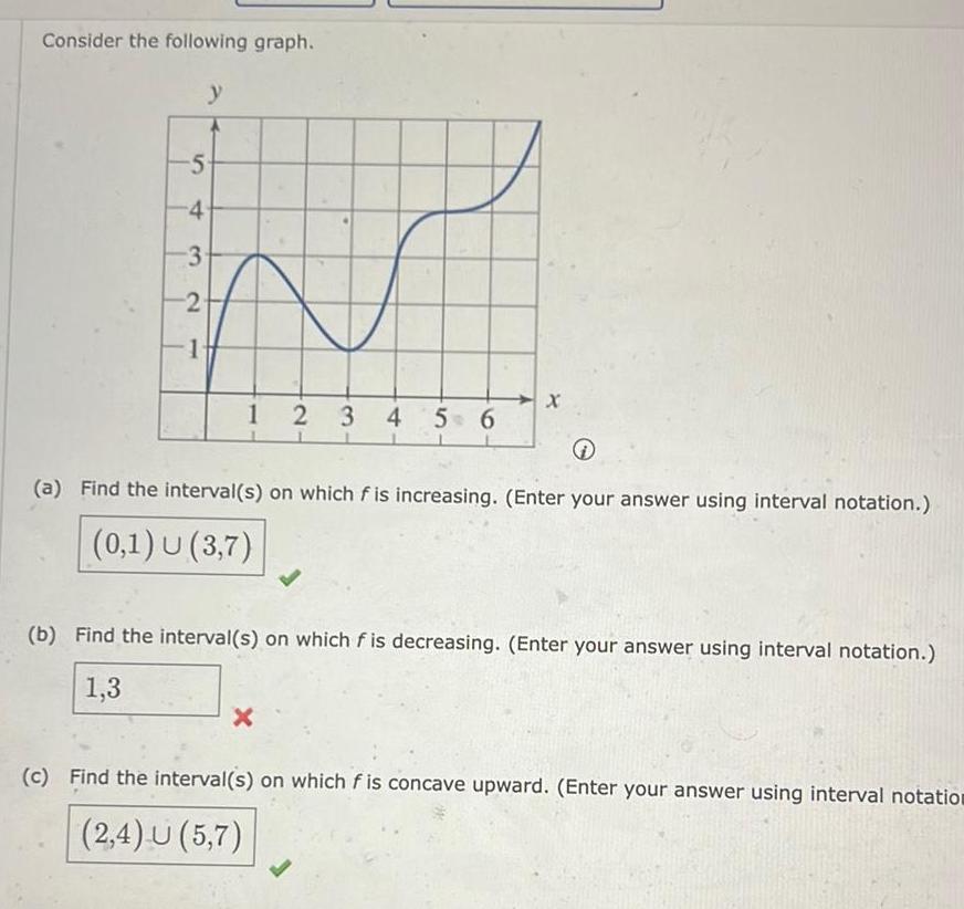 Consider the following graph 5 4 3 2 y 1 1 2 3 4 5 6 X a Find the interval s on which f is increasing Enter your answer using interval notation 0 1 U 3 7 b Find the interval s on which f is decreasing Enter your answer using interval notation 1 3 X c Find the interval s on which f is concave upward Enter your answer using interval notation 2 4 U 5 7