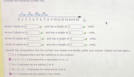 Consider the following number line III 0 1 2 3 4 5 Arrow I starts at 0 Arrow II starts at 2 Arrow III starts at IV 6 7 8 9 10 11 12 13 14 15 16 and has a length of 2 and has a length of 2 and has a length of 2 units Arrow IV starts at and has a length of 2 units Identify the computation that the number line models and briefly justify your answer Select all that apply 02 4 because there are four additions in the problem 2 2 2 2 because this is equivalent to 4 x 2 6 2 because we are adding 2 to 6 D8 2 2 2 because the initial arrow is at 0 142 because we are adding 2 four times units units