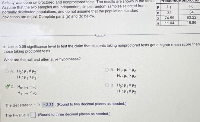 A study was done on proctored and nonproctored tests The results are shown in the table Assume that the two samples are independent simple random samples selected from normally distributed populations and do not assume that the population standard deviations are equal Complete parts a and b below OA Ho H H H H H C Ho H H H H H a Use a 0 05 significance level to test the claim that students taking nonproctored tests get a higher mean score than those taking proctored tests What are the null and alternative hypotheses OB Ho H1 H H H H OD Ho H1 H H The test statistic t is 2 31 Round to two decimal places as needed The P value is Round to three decimal places as needed H n X S H H 141 35 74 59 11 04 H 34 83 22 18 86