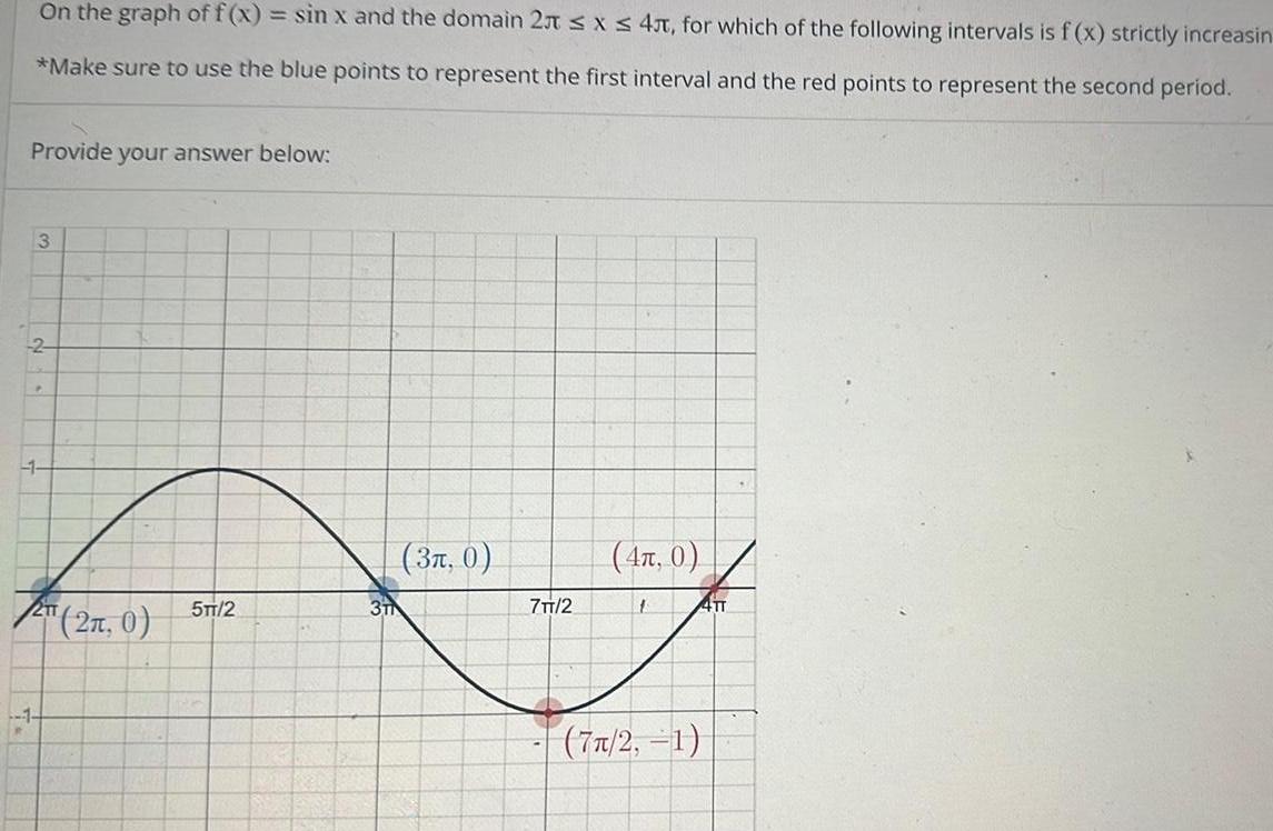 On the graph of f x sin x and the domain 2 x 4 for which of the following intervals is f x strictly increasin Make sure to use the blue points to represent the first interval and the red points to represent the second period Provide your answer below 3 2 1 2T 2n 0 1 5TT 2 3 0 7TT 2 4 0 1 4TT 77 2 1