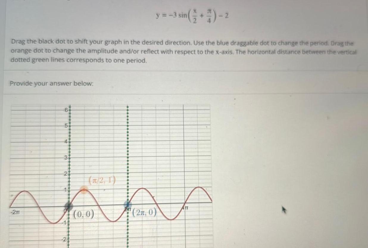 y 3 sin 2 Drag the black dot to shift your graph in the desired direction Use the blue draggable dot to change the period Drag the orange dot to change the amplitude and or reflect with respect to the x axis The horizontal distance between the vertical dotted green lines corresponds to one period Provide your answer below 64 2TT 51 41 4 31 2 2 1 Amm 0 0 14 24 21 0 f ATT