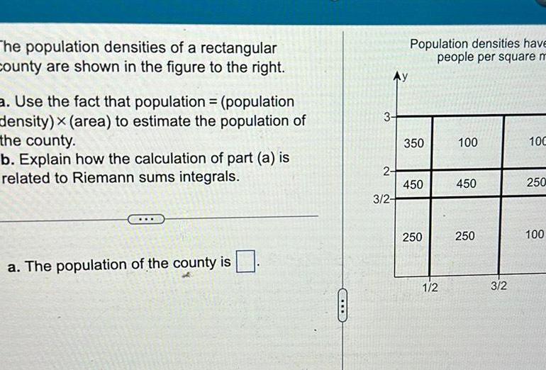 The population densities of a rectangular county are shown in the figure to the right a Use the fact that population population density x area to estimate the population of the county b Explain how the calculation of part a is related to Riemann sums integrals a The population of the county is 3 2 3 2 Population densities have people per square m 350 450 250 1 2 100 450 250 3 2 100 250 100