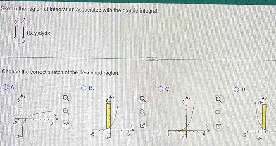 Sketch the region of integration associated with the double integral S S f x y 1 X Choose the correct sketch of the described region OA f x y dydx N 00 M OB 2 15 OC 5 Q 27 OD 5