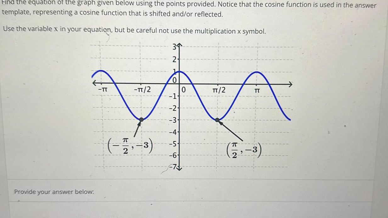 Find the equation of the graph given below using the points provided Notice that the cosine function is used in the answer template representing a cosine function that is shifted and or reflected Use the variable x in your equation but be careful not use the multiplication x symbol 34 2 Provide your answer below N TT TT 2 2 3 0 1 2 3 6 0 TT 2 E 3 t