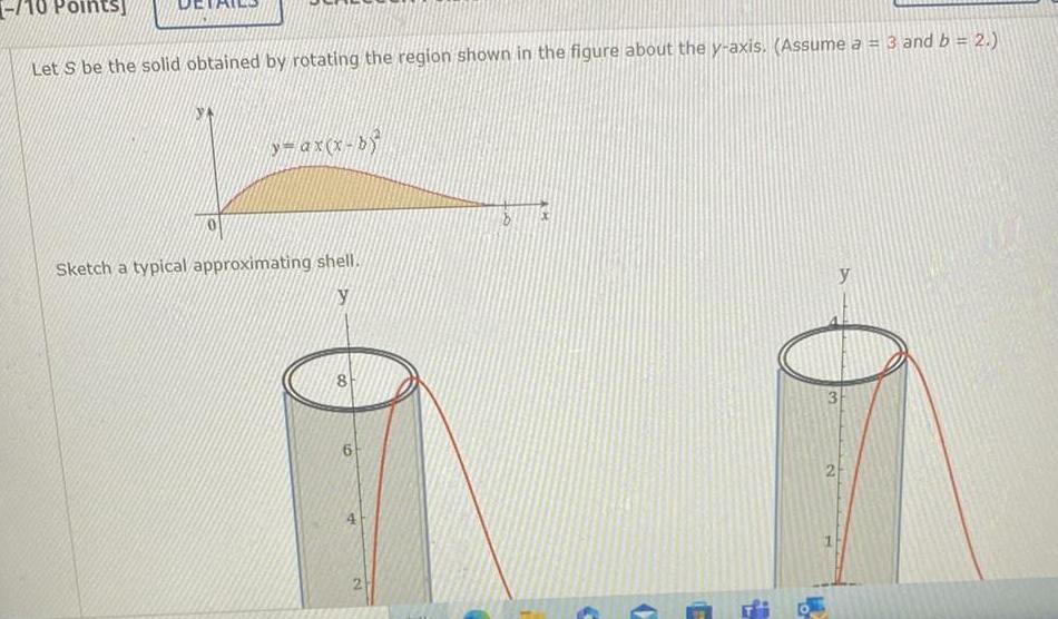 Points Let S be the solid obtained by rotating the region shown in the figure about the y axis Assume a 3 and b 2 y axx b Sketch a typical approximating shell y 8 6 4 x Fi 3 N y