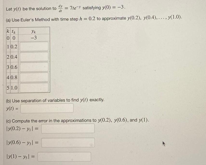 dy Let y t be the solution to d 7te satisfying y 0 3 dt a Use Euler s Method with time step h 0 2 to approximate y 0 2 y 0 4 y 1 0 ktk 00 10 2 20 4 30 6 40 8 51 0 Yk 3 b Use separation of variables to find y t exactly y t c Compute the error in the approximations to y 0 2 y 0 6 and y 1 y 0 2 Y y 0 6 Y3 ly 1 ys