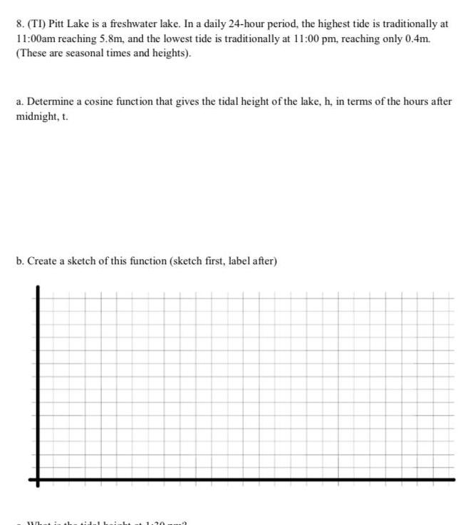 8 TI Pitt Lake is a freshwater lake In a daily 24 hour period the highest tide is traditionally at 11 00am reaching 5 8m and the lowest tide is traditionally at 11 00 pm reaching only 0 4m These are seasonal times and heights a Determine a cosine function that gives the tidal height of the lake h in terms of the hours after midnight t b Create a sketch of this function sketch first label after What is th 20