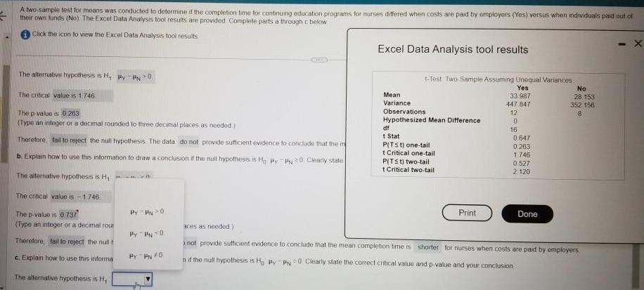 54 A two sample test for means was conducted to determine if the completion time for continuing education programs for nurses differed when costs are paid by employers Yes versus when individuals paid out of their own funds No The Excel Data Analysis tool results are provided Complete parts a through c below Click the icon to view the Excel Data Analysis tool results The alternative hypothesis is H PyPN 0 The critical value is 1 746 The p value es 0 263 Type an integer or a decimal rounded to three decimal places as needed Therefore fail to reject the null hypothesis The data do not provide sufficient evidence to conclude that the m 20 Clearly state b Explain how to use this information to draw a conclusion if the null hypothesis is Hy The alternative hypothesis is H The critical value is 1 746 The p value is 0737 Type an integer or a decimal rour Therefore fail to reject the null t c Explain how to use this informa The alternative hypothesis is H HY HNO Hy 0 Hy PN 0 Excel Data Analysis tool results t Test Two Sample Assuming Unequal Variances Yes 33 987 447 847 12 0 16 Mean Variance Observations Hypothesized Mean Difference df t Stat PITS t one tail t Critical one tail P Tst two tail t Critical two tail Print 0 647 0 263 1 746 0 527 2 120 Done No 28 153 352 156 8 aces as needed not provide sufficient evidence to conclude that the mean completion time is shorter for nurses when costs are paid by employers n if the null hypothesis is Hy P 0 Clearly state the correct critical value and p value and your conclusion X