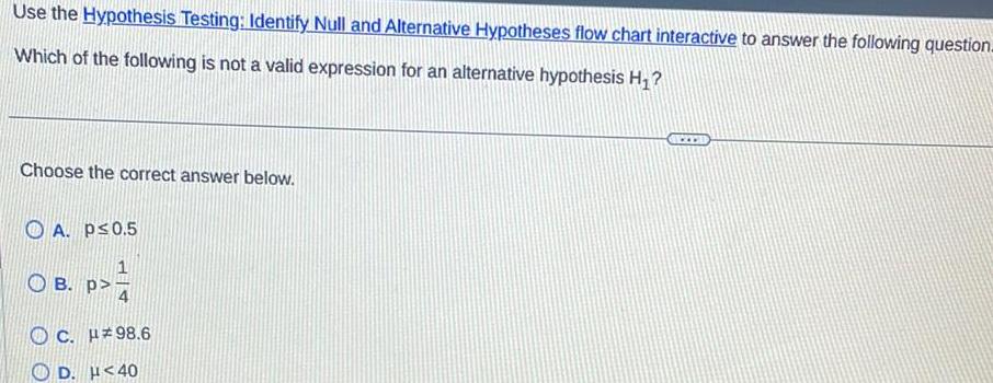 Use the Hypothesis Testing Identify Null and Alternative Hypotheses flow chart interactive to answer the following question Which of the following is not a valid expression for an alternative hypothesis H Choose the correct answer below A p 0 5 OB P C H 98 6 D H 40