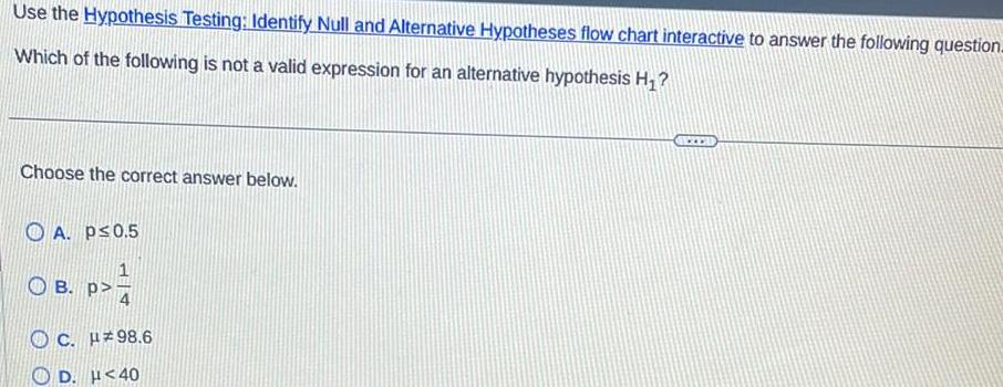 Use the Hypothesis Testing Identify Null and Alternative Hypotheses flow chart interactive to answer the following question Which of the following is not a valid expression for an alternative hypothesis H Choose the correct answer below A p 0 5 OB P C H 98 6 D H 40