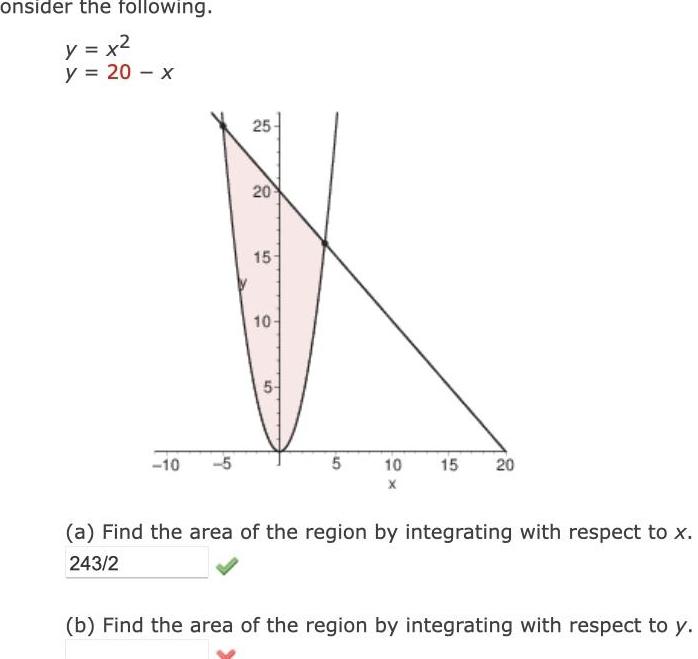 onsider the following y x y 20 x 10 5 25 20 15 10 10 5 10 X 15 20 a Find the area of the region by integrating with respect to x 243 2 b Find the area of the region by integrating with respect to y