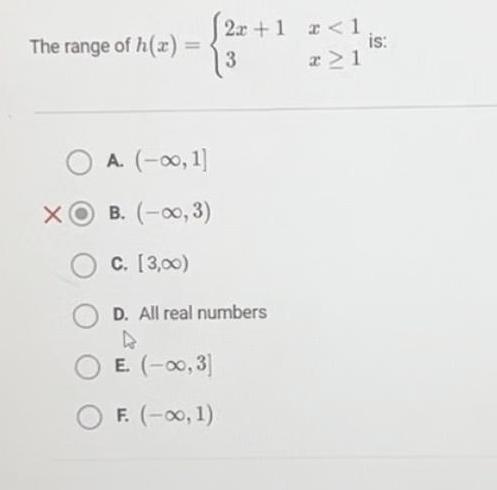 The range of h x X 2x 1 1 3 x 21 O A 0 1 B 0 3 C 3 00 D All real numbers D E 0 3 F 0 1 is