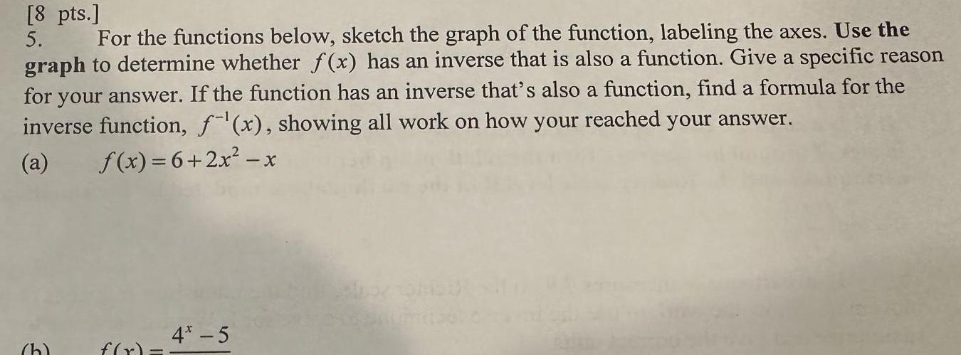 8 pts 5 For the functions below sketch the graph of the function labeling the axes Use the graph to determine whether f x has an inverse that is also a function Give a specific reason for your answer If the function has an inverse that s also a function find a formula for the inverse function f x showing all work on how your reached your answer a f x 6 2x x 4 5