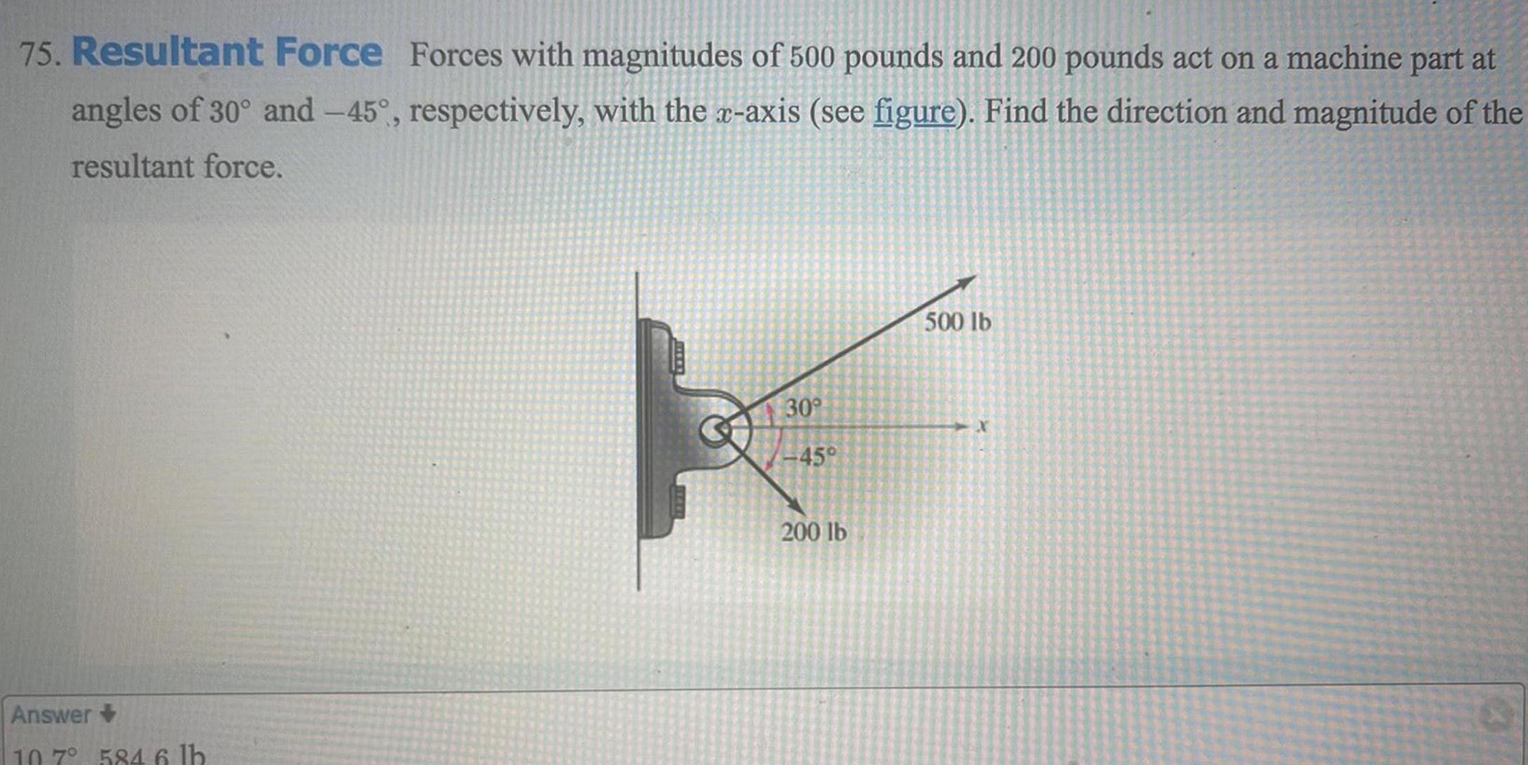 75 Resultant Force Forces with magnitudes of 500 pounds and 200 pounds act on a machine part at angles of 30 and 45 respectively with the x axis see figure Find the direction and magnitude of the resultant force Answer 10 7 584 6 lb 30 45 200 lb 500 lb X