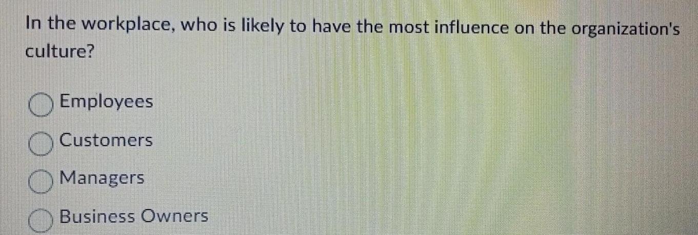 In the workplace who is likely to have the most influence on the organization s culture Employees Customers Managers Business Owners