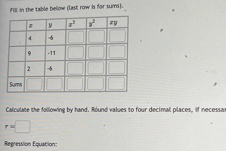 Fill in the table below last row is for sums Sums x T 4 9 2 Y 6 11 6 y Calculate the following by hand Round values to four decimal places if necessar Regression Equation xy