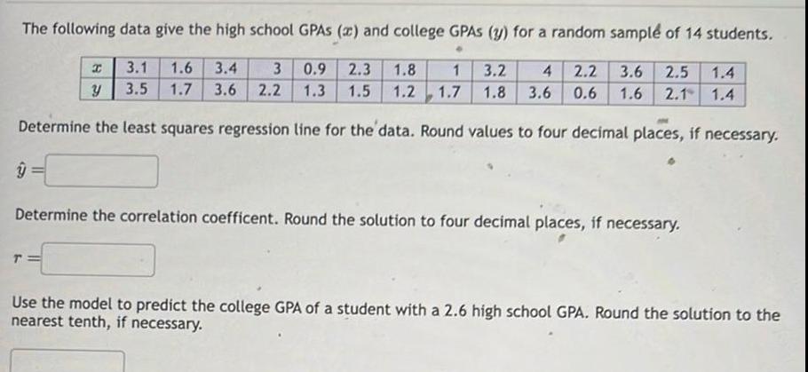 The following data give the high school GPAS x and college GPAS 3 for a random sample of 14 students 3 1 1 6 3 4 3 0 9 2 3 1 8 3 5 1 7 3 6 2 2 1 3 1 5 1 2 1 3 2 4 2 2 3 6 2 5 1 4 1 7 1 8 3 6 0 6 1 6 2 1 1 4 Determine the least squares regression line for the data Round values to four decimal places if necessary I Y Determine the correlation coefficent Round the solution to four decimal places if necessary Use the model to predict the college GPA of a student with a 2 6 high school GPA Round the solution to the nearest tenth if necessary