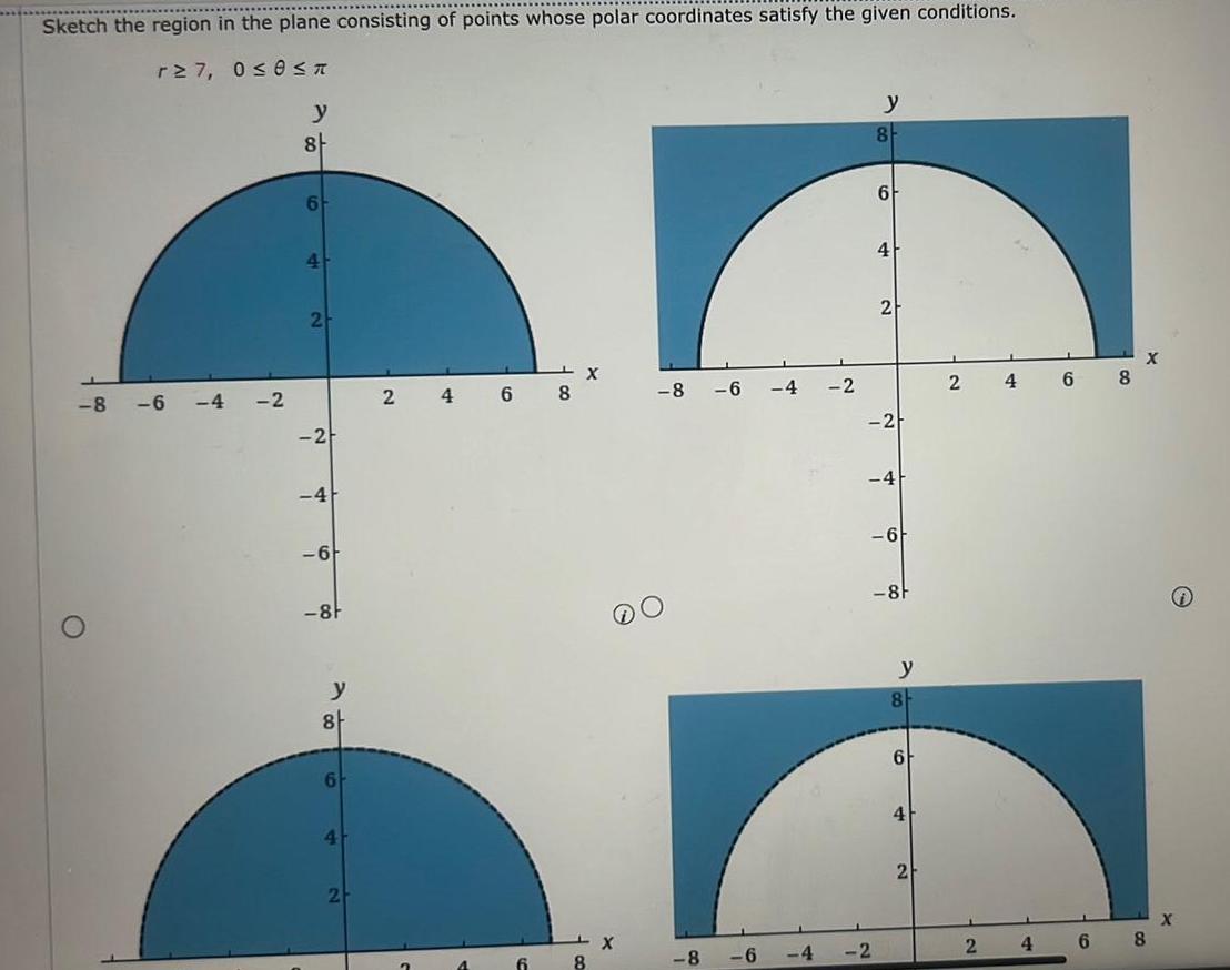 Sketch the region in the plane consisting of points whose polar coordinates satisfy the given conditions r 7 0 0 8 6 4 2 y 8 6 4 2 2 4 6 8F y 8 6 4 2 2 4 6 8 X 8 8 6 4 2 4 6 y 8 6 2 4 2 2 4 6 8F y 8 6 2 2 2 4 4 6 6 8 X 8