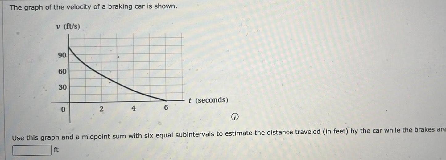 The graph of the velocity of a braking car is shown v ft s 90 60 30 0 2 4 6 t seconds Use this graph and a midpoint sum with six equal subintervals to estimate the distance traveled in feet by the car while the brakes are ft