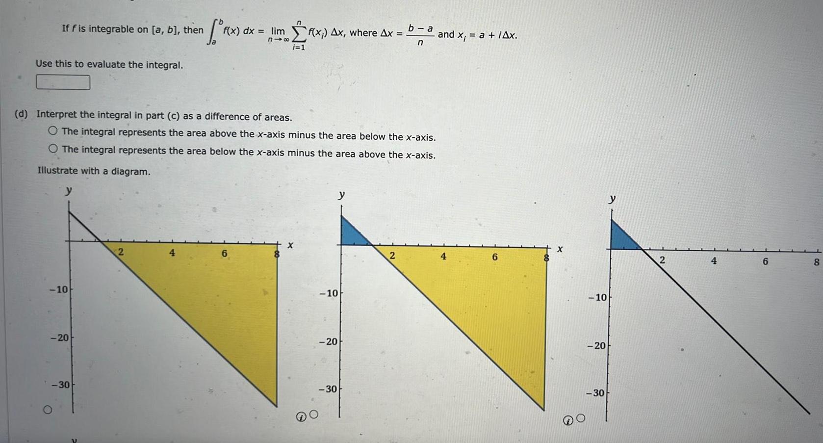 If f is integrable on a b then Use this to evaluate the integral y d Interpret the integral in part c as a difference of areas O The integral represents the area above the x axis minus the area below the x axis O The integral represents the area below the x axis minus the area above the x axis Illustrate with a diagram 10 20 30 n f r x dx 11 dx limf x Ax where Ax n i 1 2 10 20 30 b a 2 and x a iAx 10 20 30 2 4 6 co 8