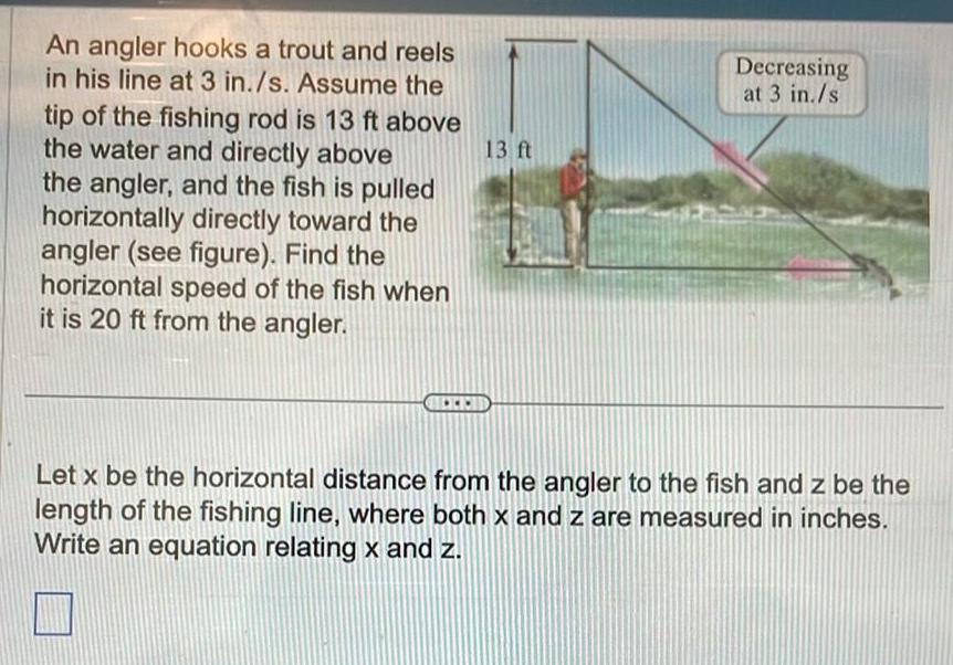 An angler hooks a trout and reels in his line at 3 in s Assume the tip of the fishing rod is 13 ft above the water and directly above the angler and the fish is pulled horizontally directly toward the angler see figure Find the horizontal speed of the fish when it is 20 ft from the angler 13 ft Decreasing at 3 in s Let x be the horizontal distance from the angler to the fish and z be the length of the fishing line where both x and z are measured in inches Write an equation relating x and z