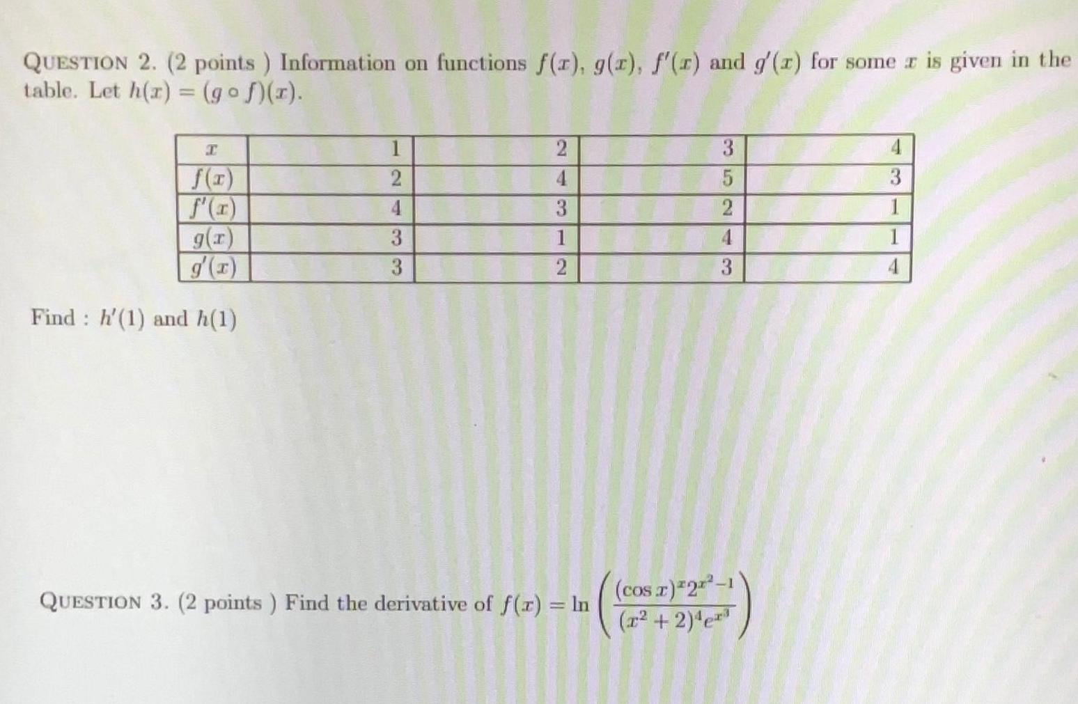 QUESTION 2 2 points Information on functions f x g r f r and g r for some r is given in the table Let h x gof x I f x f x g x g x Find h 1 and h 1 1 27 3 3 2 312 QUESTION 3 2 points Find the derivative of f x ln 3 5 2 3 cos x 22 11 x 2 4e 4 3 1 1 4