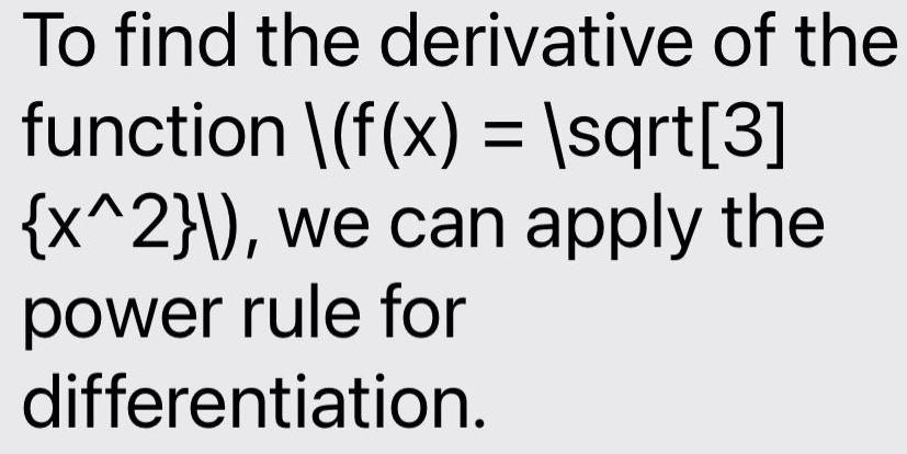 To find the derivative of the function f x sqrt 3 x 2 we can apply the power rule for differentiation