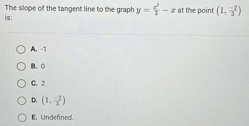 The slope of the tangent line to the graph y x at the point 1 is A 1 B 0 C 2 D 1 3 E Undefined