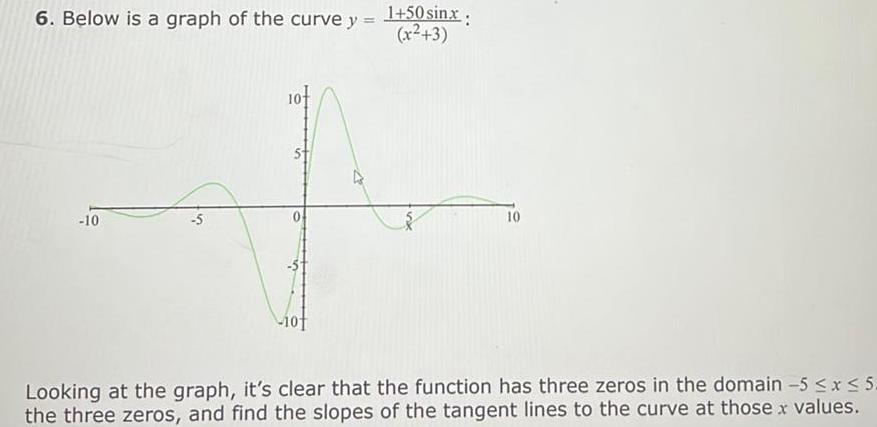 6 Below is a graph of the curve y 10 1 50sinx C x 3 10 Looking at the graph it s clear that the function has three zeros in the domain 5 x 5 the three zeros and find the slopes of the tangent lines to the curve at those x values