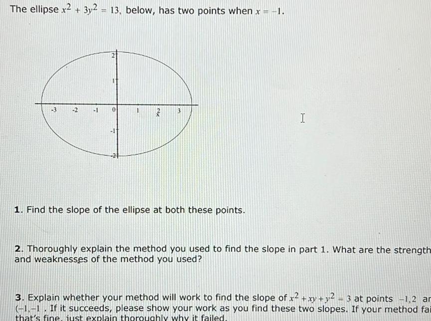 The ellipse x 3y2 13 below has two points when x 1 m 2 7 O T 28 1 Find the slope of the ellipse at both these points I 2 Thoroughly explain the method you used to find the slope in part 1 What are the strength and weaknesses of the method you used 3 Explain whether your method will work to find the slope of x2 xy y2 3 at points 1 2 ar 1 1 If it succeeds please show your work as you find these two slopes If your method fai that s fine just explain thoroughly why it failed