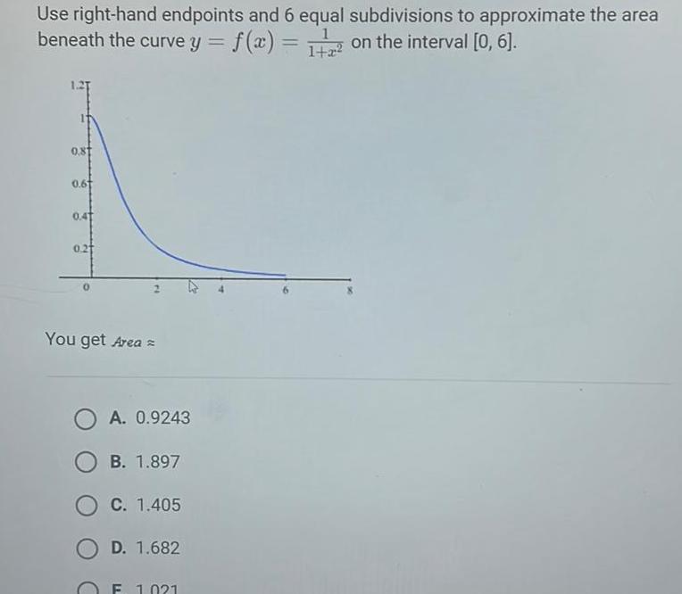 Use right hand endpoints and 6 equal subdivisions to approximate the area beneath the curve y f x 1 on the interval 0 6 1 2 0 81 0 61 0 41 0 21 You get Area A 0 9243 B 1 897 C 1 405 D 1 682 1 021