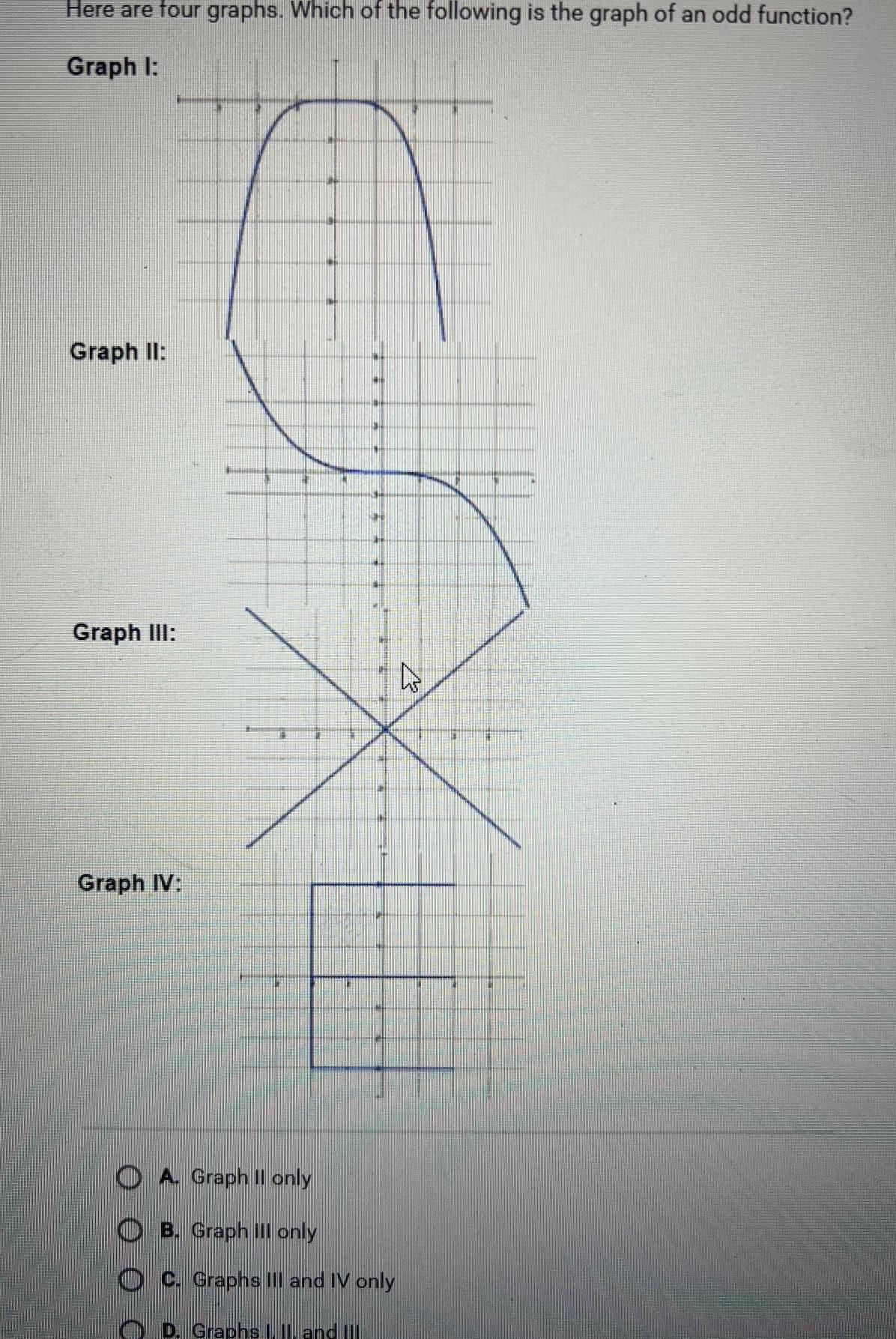 Here are four graphs Which of the following is the graph of an odd function Graph I Graph II Graph III Graph IV OA Graph II only OB Graph III only OC Graphs III and IV only D Graphs I II and III