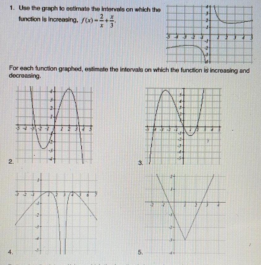 1 Use the graph to estimate the intervals on which the 2 x function is increasing f x x 3 2 For each function graphed estimate the intervals on which the function is increasing and decreasing 4 4 4 B 6 my mi 5 EN P 220 SEN