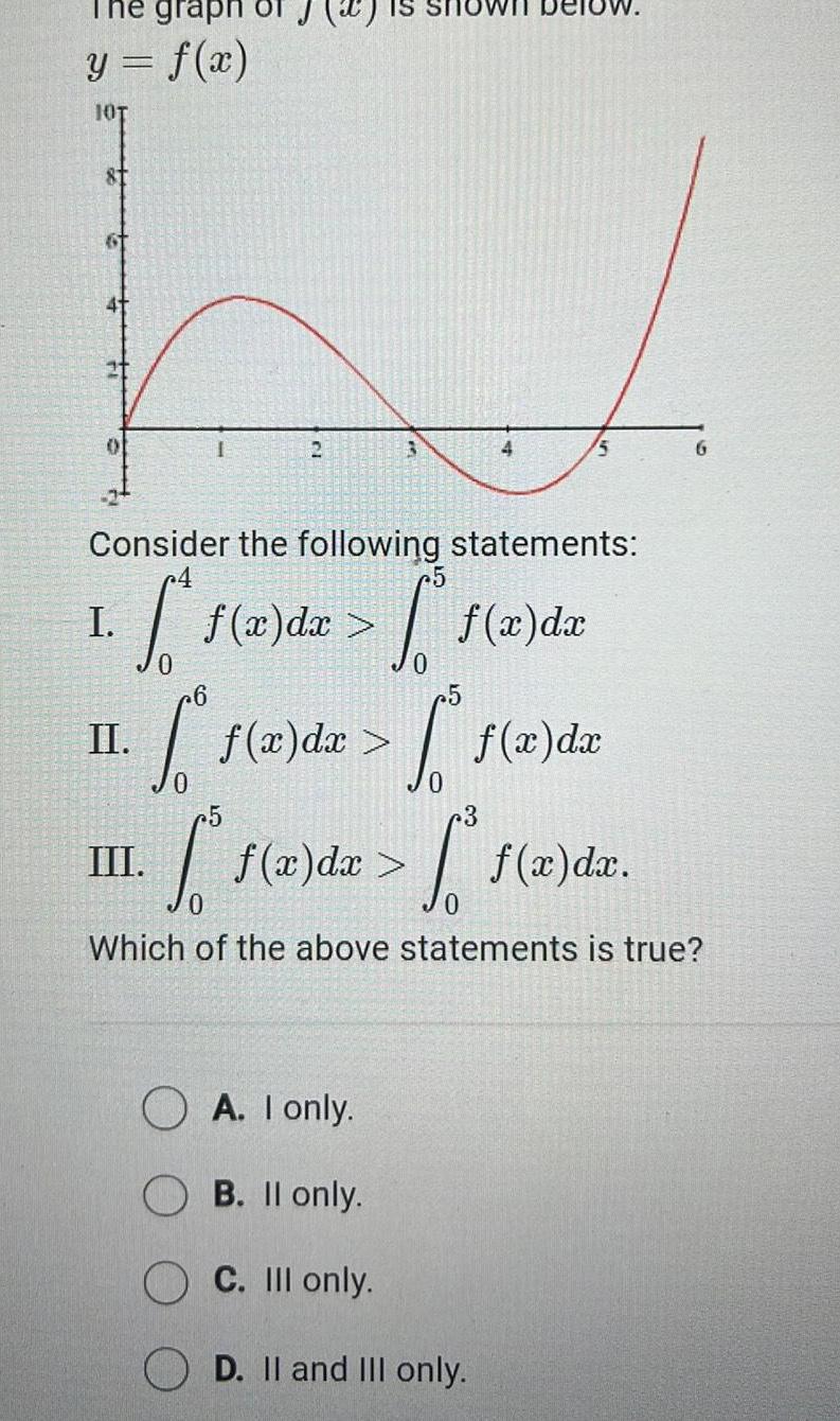 graph y f x 10T 81 41 21 2 3 III 4 Consider the following statements 1 f x dx f x da I below 5 II 1 f z dz f z dz dx dx 5 OA I only B II only C III only D II and III only c5 3 f ar da f x d dx Which of the above statements is true 6