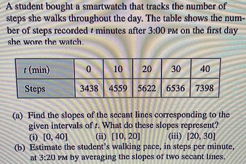 A student bought a smartwatch that tracks the number of steps she walks throughout the day The table shows the num ber of steps recorded minutes after 3 00 PM on the first day she wore the watch t min Steps 10 20 30 40 3438 4559 5622 6536 7398 0 Matala BORDE PAPINH AMITRIP Helen www ke a Find the slopes of the secant lines corresponding to the given intervals of t What do these slopes represent ii 10 20 iii 20 30 i 0 40 b Estimate the student s walking pace in steps per minute at 3 20 PM by averaging the slopes of two secant lines