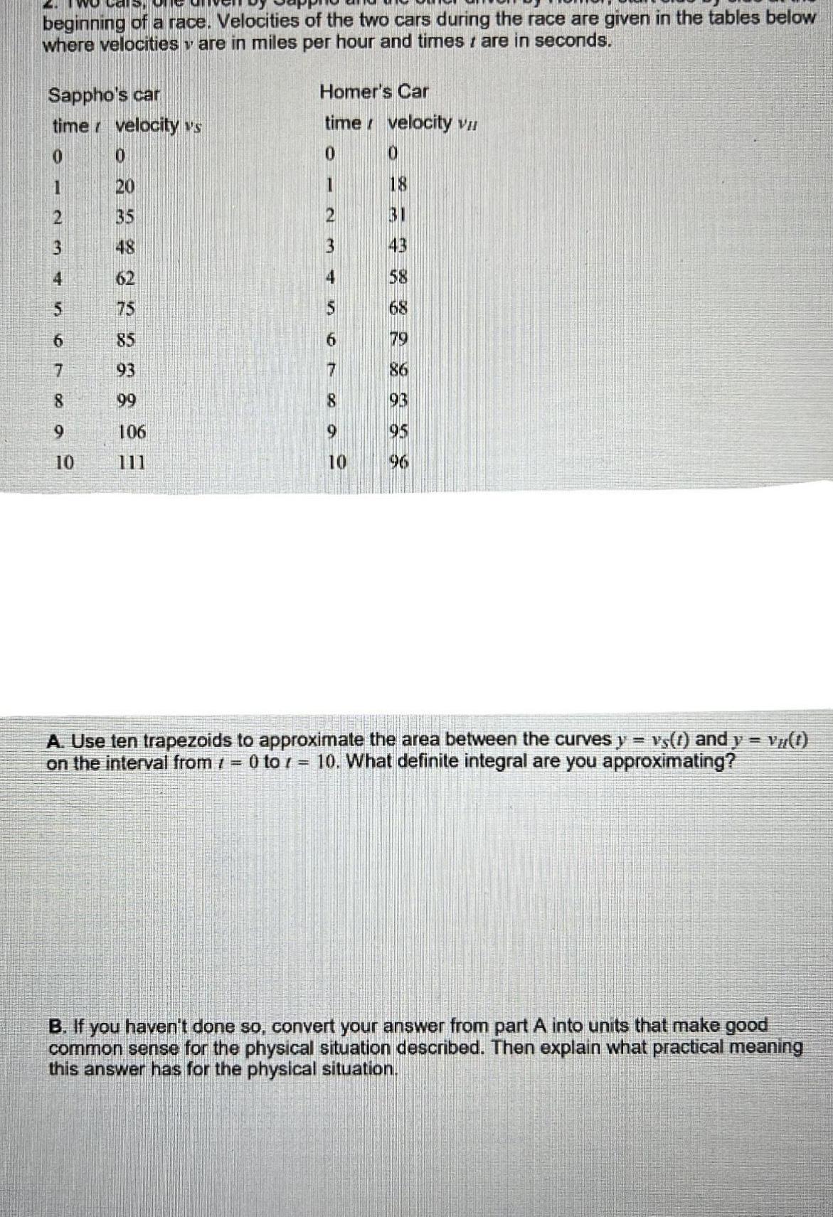 beginning of a race Velocities of the two cars during the race are given in the tables below where velocities are in miles per hour and times are in seconds Sappho s car timer velocity vs 0 1 2 4 5 6 7 8 9 10 0 20 35 48 85 93 99 106 Homer s Car time 0 1 2 4 6 7 8 10 velocity VII 0 18 43 68 79 86 93 95 96 A Use ten trapezoids to approximate the area between the curves y vs t and y vu 1 on the interval from 0 to 1 10 What definite integral are you approximating B If you haven t done so convert your answer from part A into units that make good common sense for the physical situation described Then explain what practical meaning this answer has for the physical situation