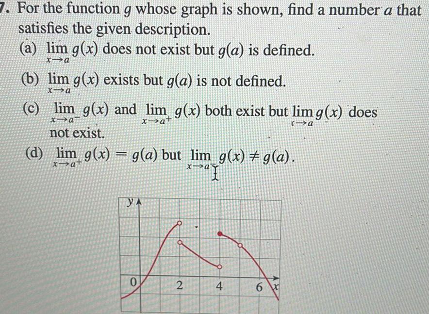 7 For the function g whose graph is shown find a number a that satisfies the given description a lim g x does not exist but g a is defined x a b lim g x exists but g a is not defined x a c lim g x and lim g x both exist but lim g x does x a ca xa not exist d lim g x g a but lim g x g a x a x a YA 0 2 7 I 4 6x