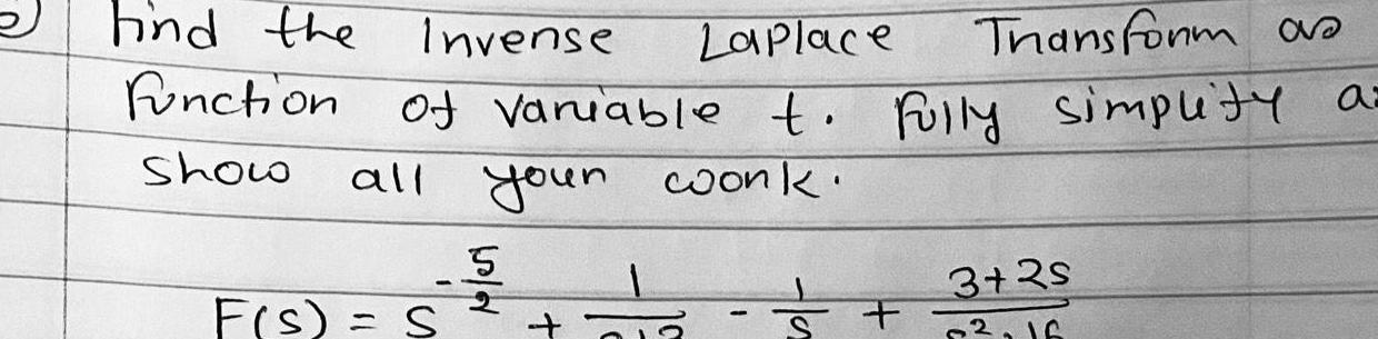 hind the Invense function show Laplace Thansform as of Variable to fully simplity as all your work F s S 5 d 3 3 2s 2 16