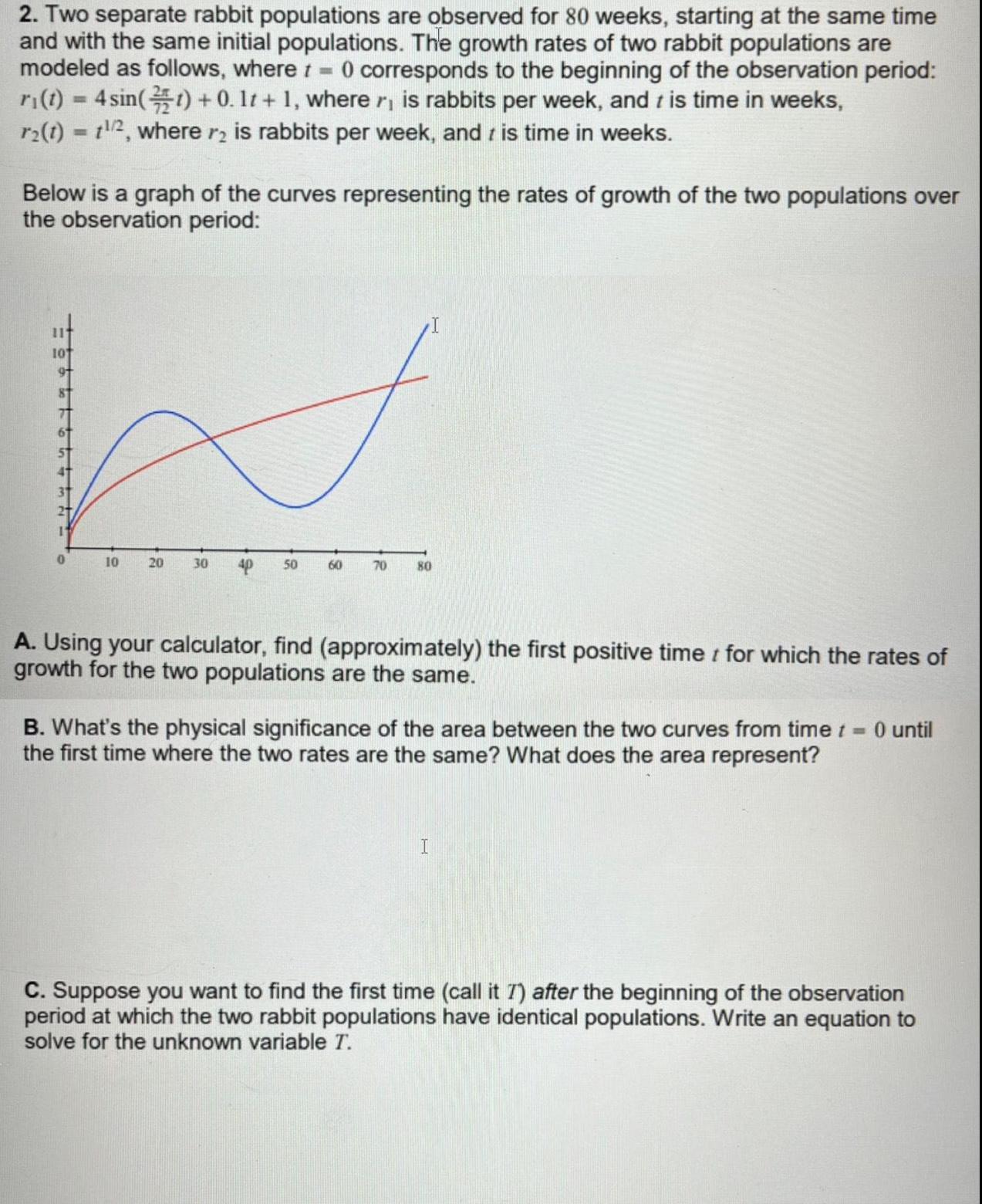 2 Two separate rabbit populations are observed for 80 weeks starting at the same time and with the same initial populations The growth rates of two rabbit populations are modeled as follows where t 0 corresponds to the beginning of the observation period ri t 4 sin t 0 11 1 where r is rabbits per week and is time in weeks r2 t t 2 where r is rabbits per week and is time in weeks Below is a graph of the curves representing the rates of growth of the two populations over the observation period 10 20 30 50 60 70 80 A Using your calculator find approximately the first positive time for which the rates of growth for the two populations are the same B What s the physical significance of the area between the two curves from time t 0 until the first time where the two rates are the same What does the area represent I C Suppose you want to find the first time call it 7 after the beginning of the observation period at which the two rabbit populations have identical populations Write an equation to solve for the unknown variable T