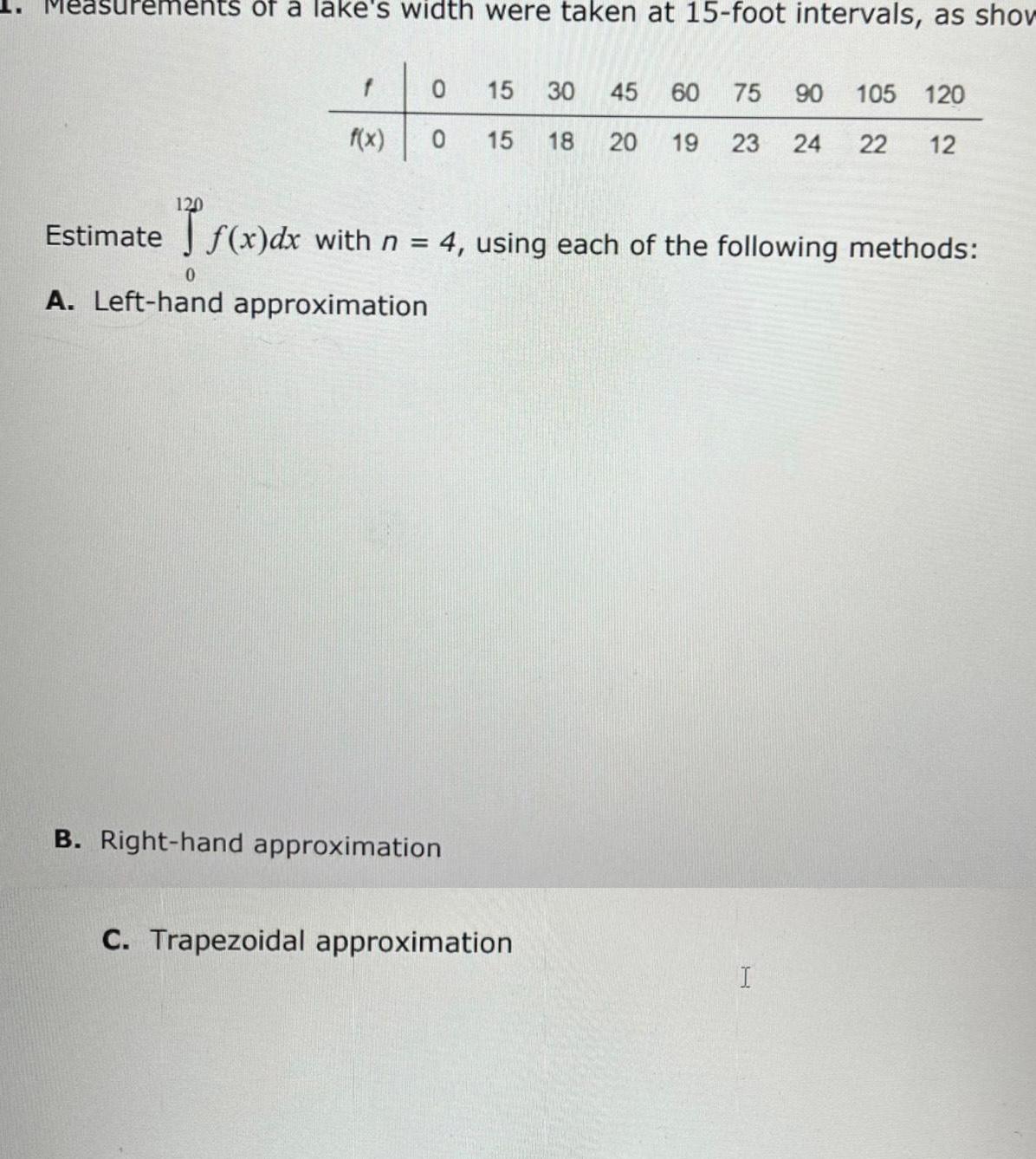 Measurements of a lake s width were taken at 15 foot intervals as show 0 f x 0 Estimate 120 If x dx f x dx with n 4 using each of the following methods 0 A Left hand approximation 15 30 45 60 75 90 105 120 15 18 20 19 23 24 22 12 B Right hand approximation C Trapezoidal approximation