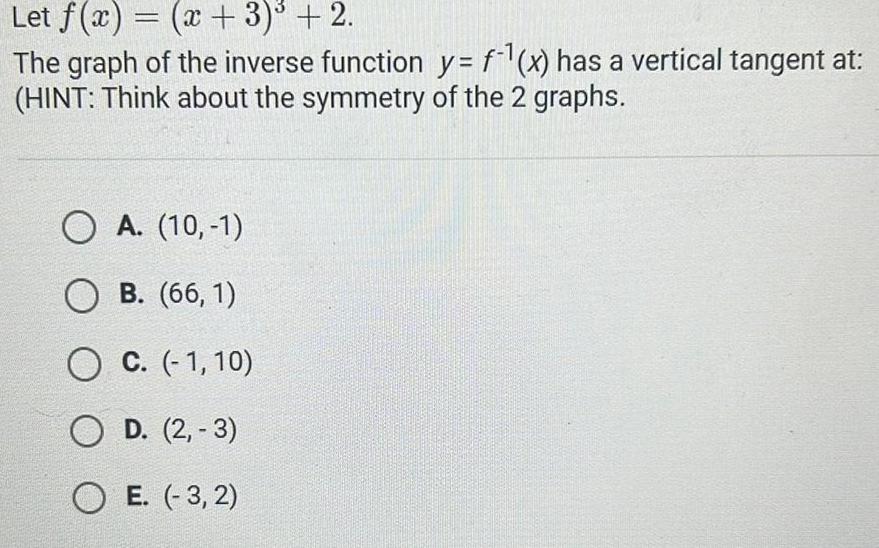 Let f x x 3 2 The graph of the inverse function y f x has a vertical tangent at HINT Think about the symmetry of the 2 graphs O A 10 1 O B 66 1 O C 1 10 O D 2 3 OE 3 2